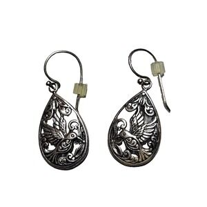 ATI 925 Sterling Silver Filigree Ornate Hummingbird Teardrop Dangle Earrings